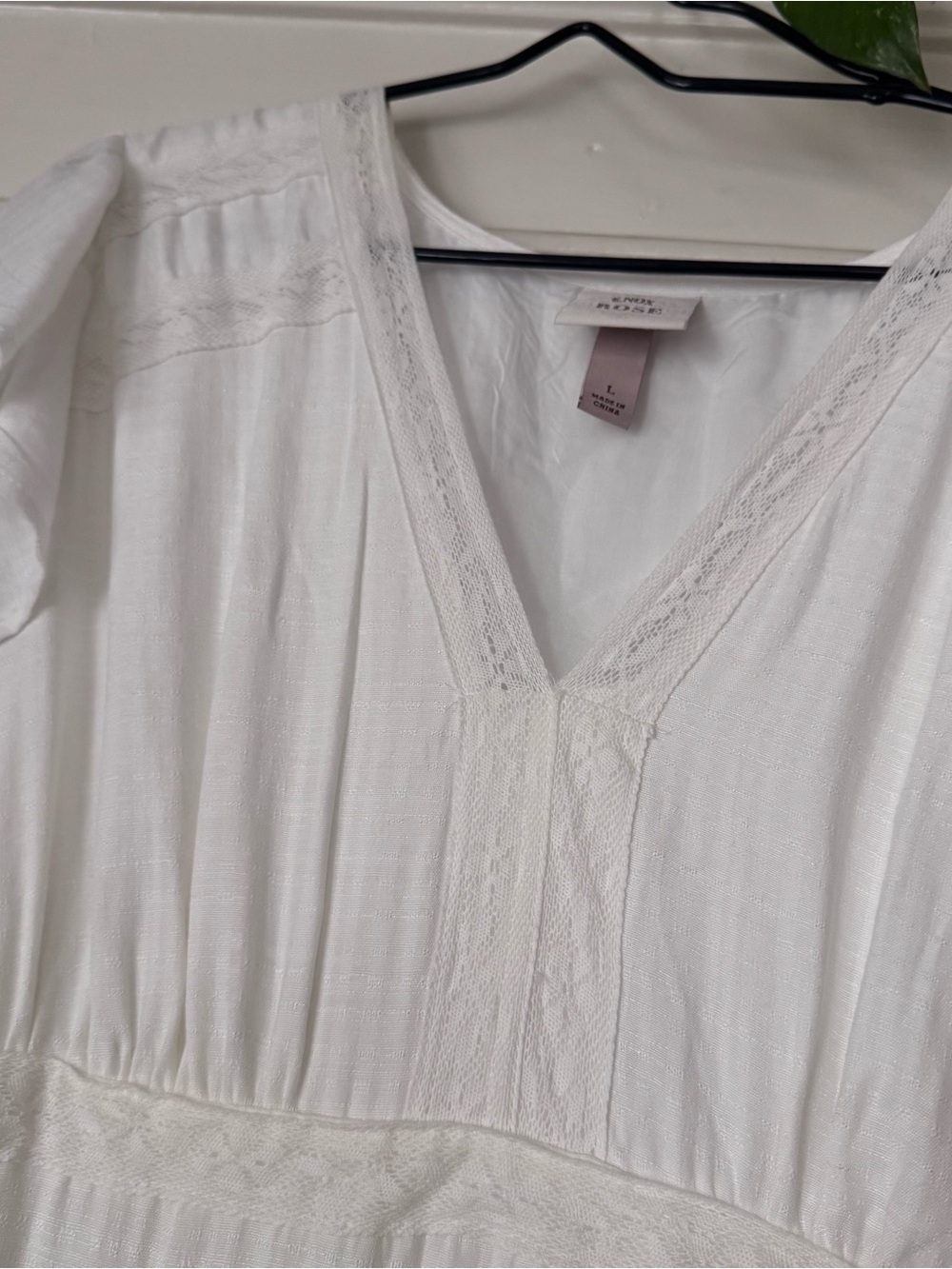 White Boho Dress prarie maxi lace wires v neck short sleeve long size l - Picture 2 of 10